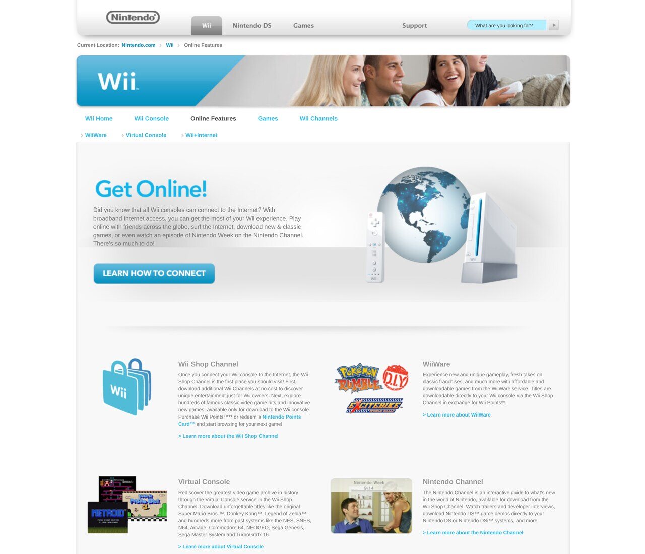 nintendo.com/wii/online in May 2010: "Get Online!", with the Wii Shop Channel, WiiWare, Virtual Console and the Nintendo Channel each explained as a reason to plug the console into the internet.