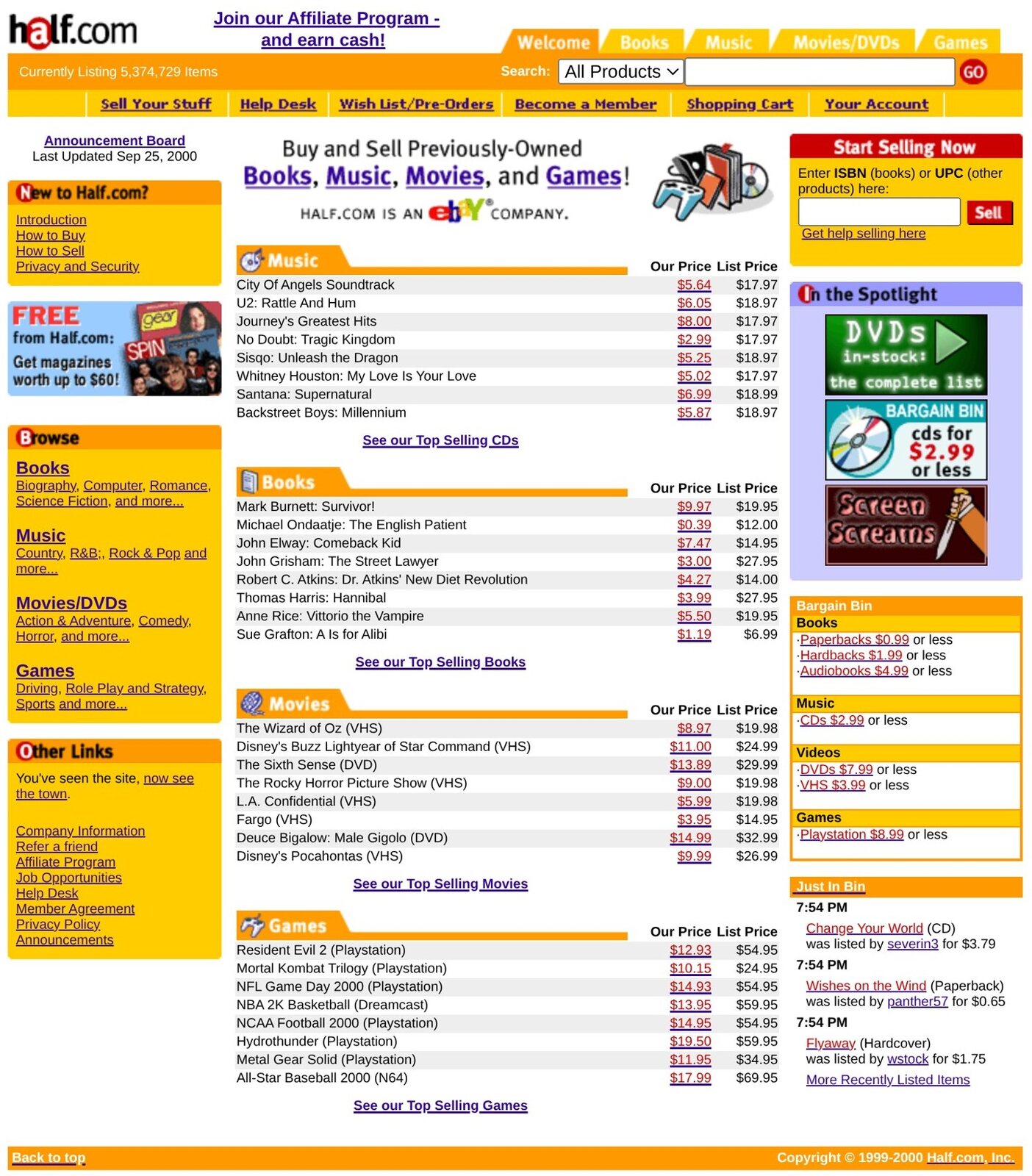 Half.com in October 2000, listing 5,374,729 items, with used CDs at a third of list price