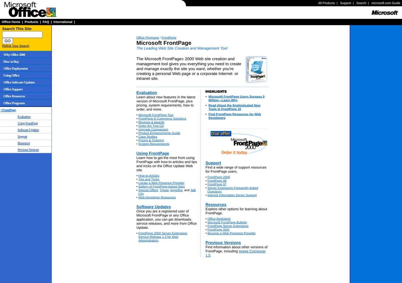 microsoft.com/frontpage in February 2001, the FrontPage 2000 product page inside the Office site, with the "Using FrontPage" and evaluation columns.