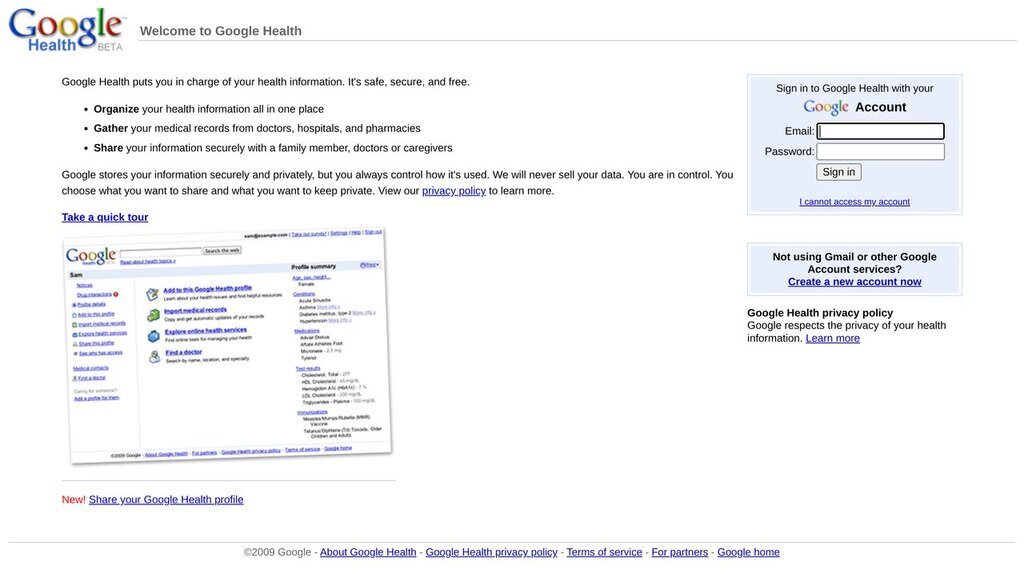 Google Health sign-in page, April 2009