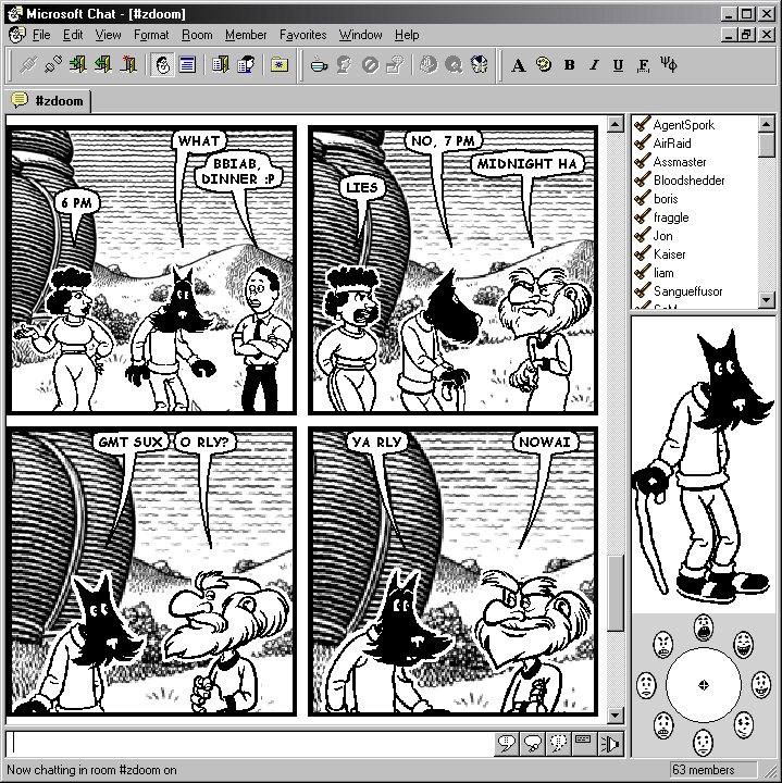 Microsoft Chat drawing an IRC conversation as a comic strip: each participant an avatar, the emotion wheel bottom right, and the same text also readable as plain IRC.