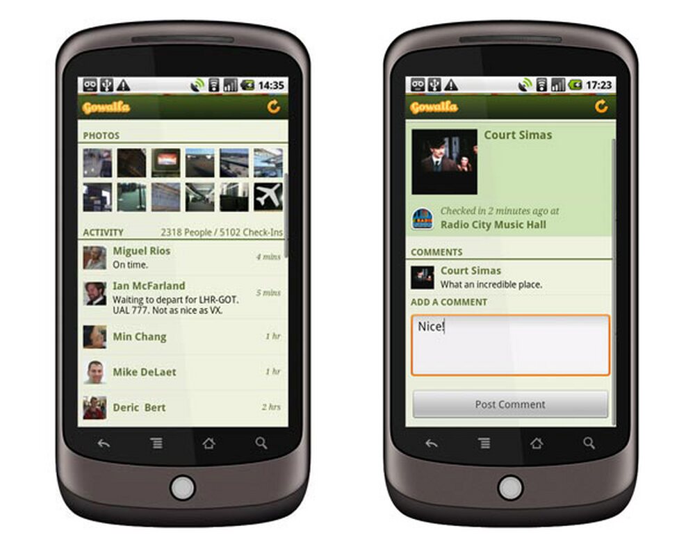 Gowalla for Android on a Nexus One, spot activity and comments, from the Gowalla blog, May 2010