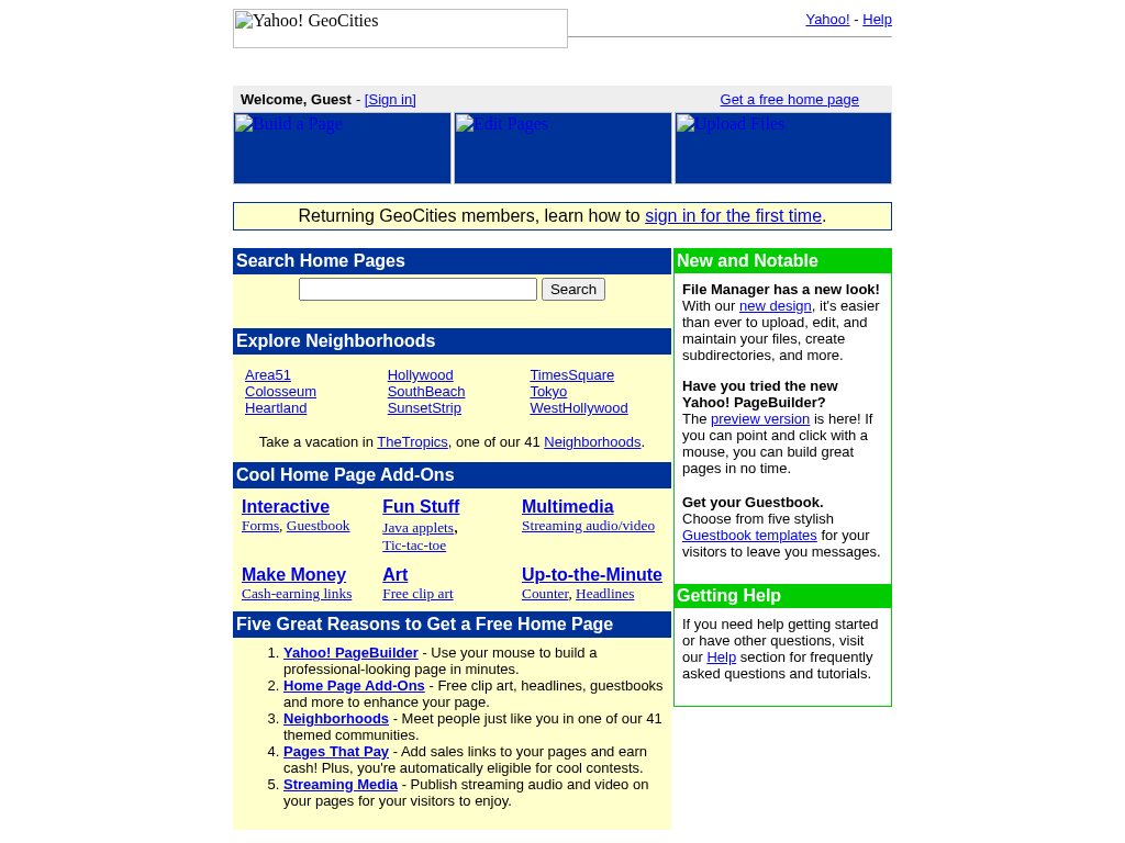 GeoCities homepage in September 1999
