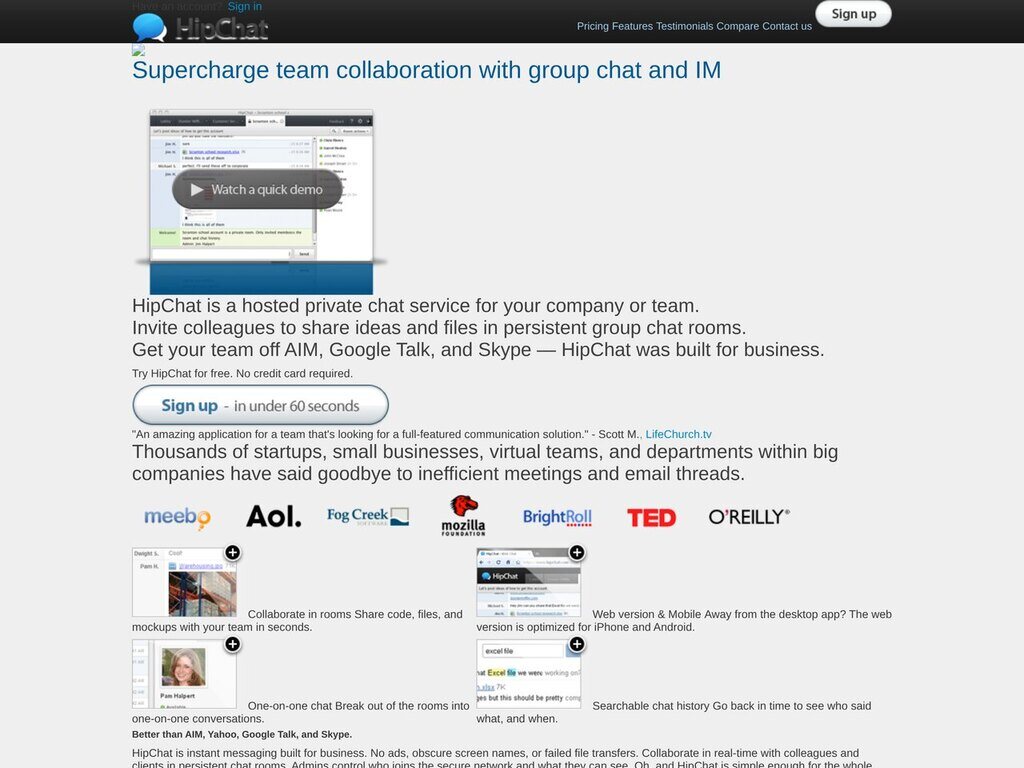 HipChat home page, April 2011, before Atlassian