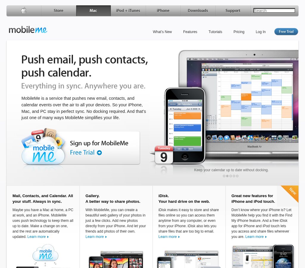 The MobileMe pages on Apple.com in November 2009