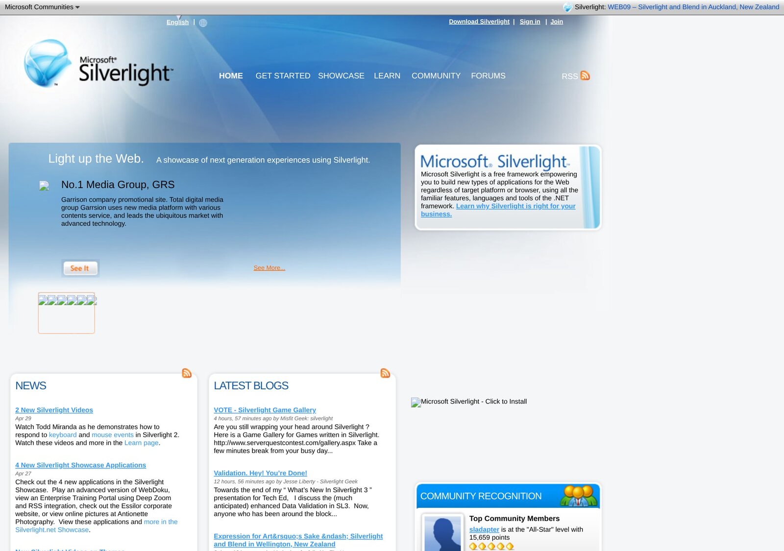Silverlight.net in May 2009, when Microsoft was still telling developers to light up the web