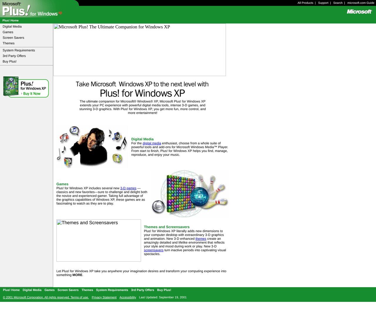 microsoft.com/windows/plus in October 2001 selling Plus! for Windows XP: "The Ultimate Companion for Windows XP", with Digital Media Edition skins, screensavers, 3D visualisations and the Plus! games.
