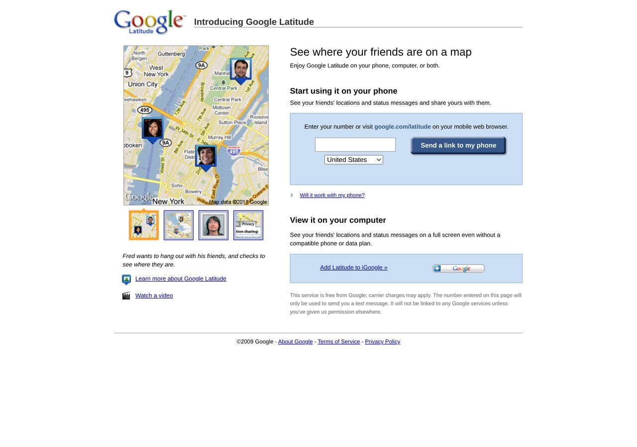 google.com/latitude/intro.html in February 2009, launch month: "See where your friends are on a map", the phone-first pitch and the "Add Latitude to iGoogle" link.