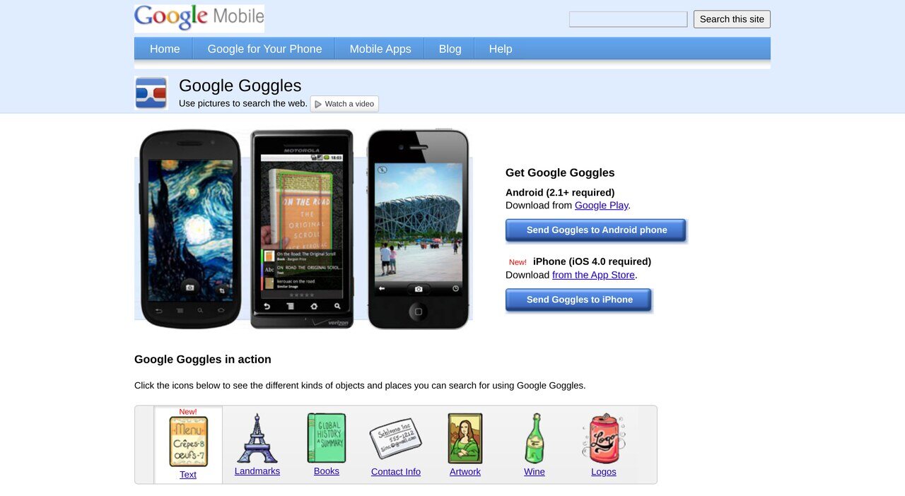 google.com/mobile/goggles in April 2012: three phones showing a painting, a book cover and a stadium being recognised, "Send Goggles to Android phone", and the row of things it claimed to read, from landmarks to wine labels.