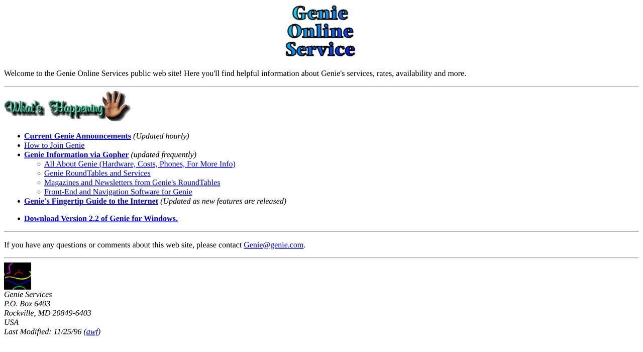 genie.com in May 1997, a year after IDT bought the service: announcements updated hourly, the Gopher gateway, the RoundTable directory and a download link for version 2.2 of Genie for Windows.