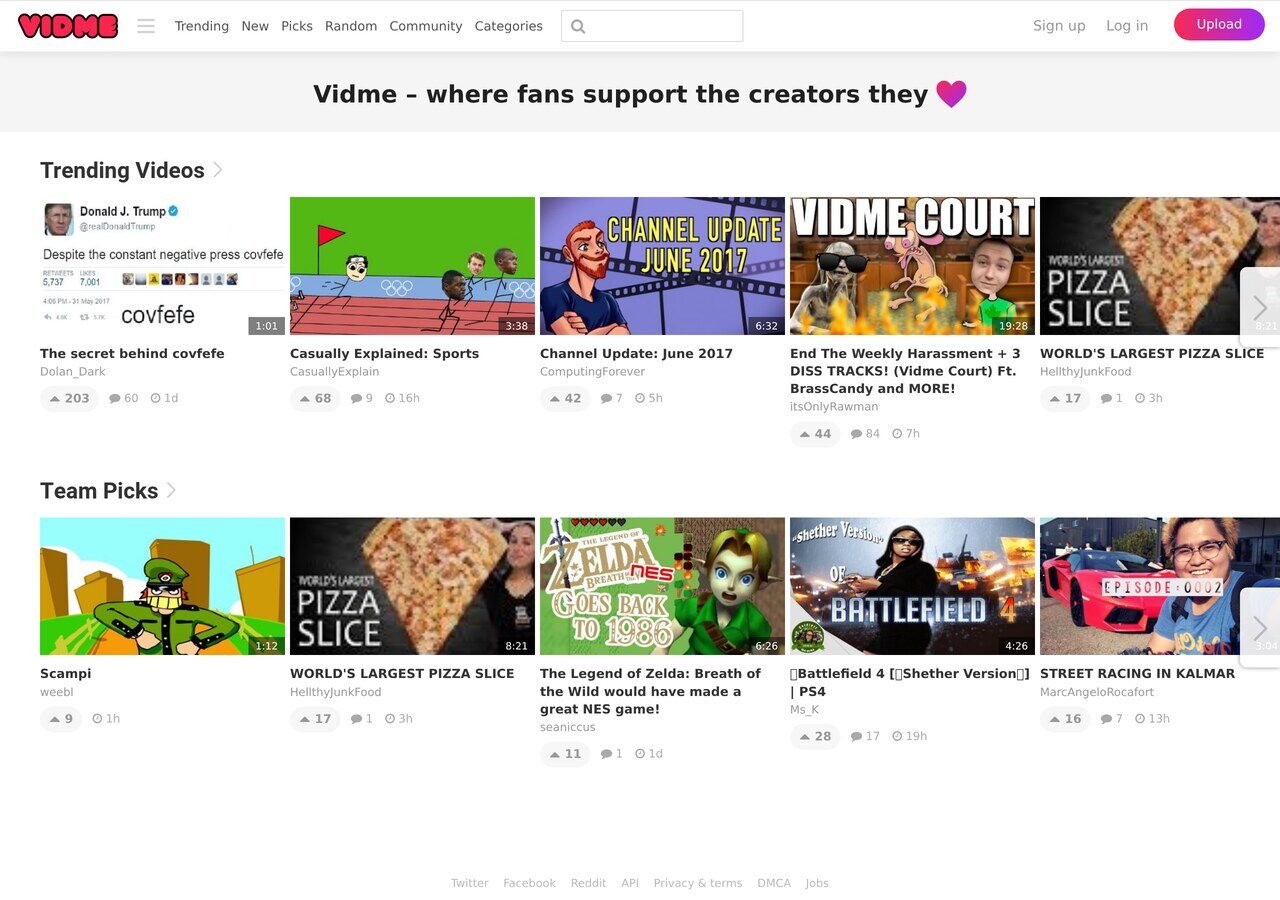 vid.me in June 2017: "Vidme, where fans support the creators they love", trending videos and Team Picks, five months before the shutdown notice.