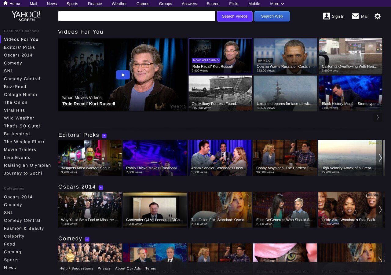screen.yahoo.com in March 2014: Videos For You, Editors' Picks, Oscars 2014, SNL and Comedy Central clips, on the dark theme of the Yahoo Screen relaunch.