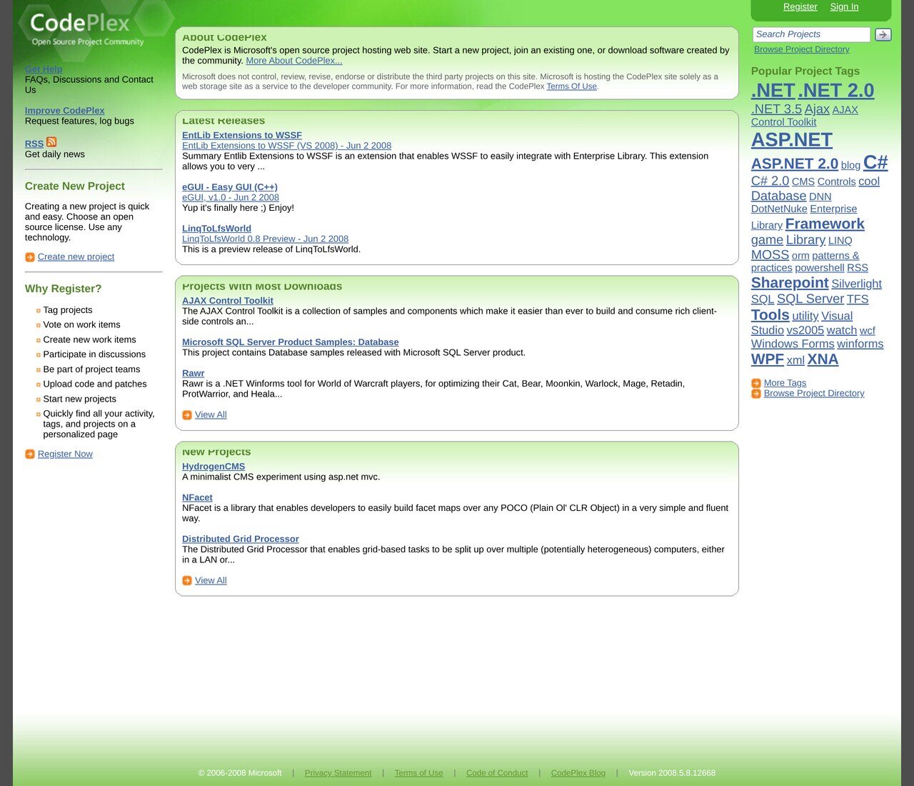 codeplex.com in June 2008: Microsoft's open source project host, with the .NET-heavy project cloud on the right and the invitation to create a project on the left.