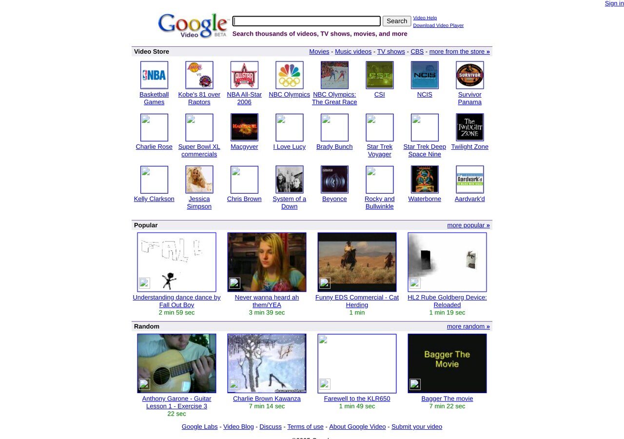 video.google.com in February 2006, still in beta and still a store: NBA games, Kobe's 81 point game, Super Bowl XL commercials and CBS episodes for sale next to the Popular and Random rows.