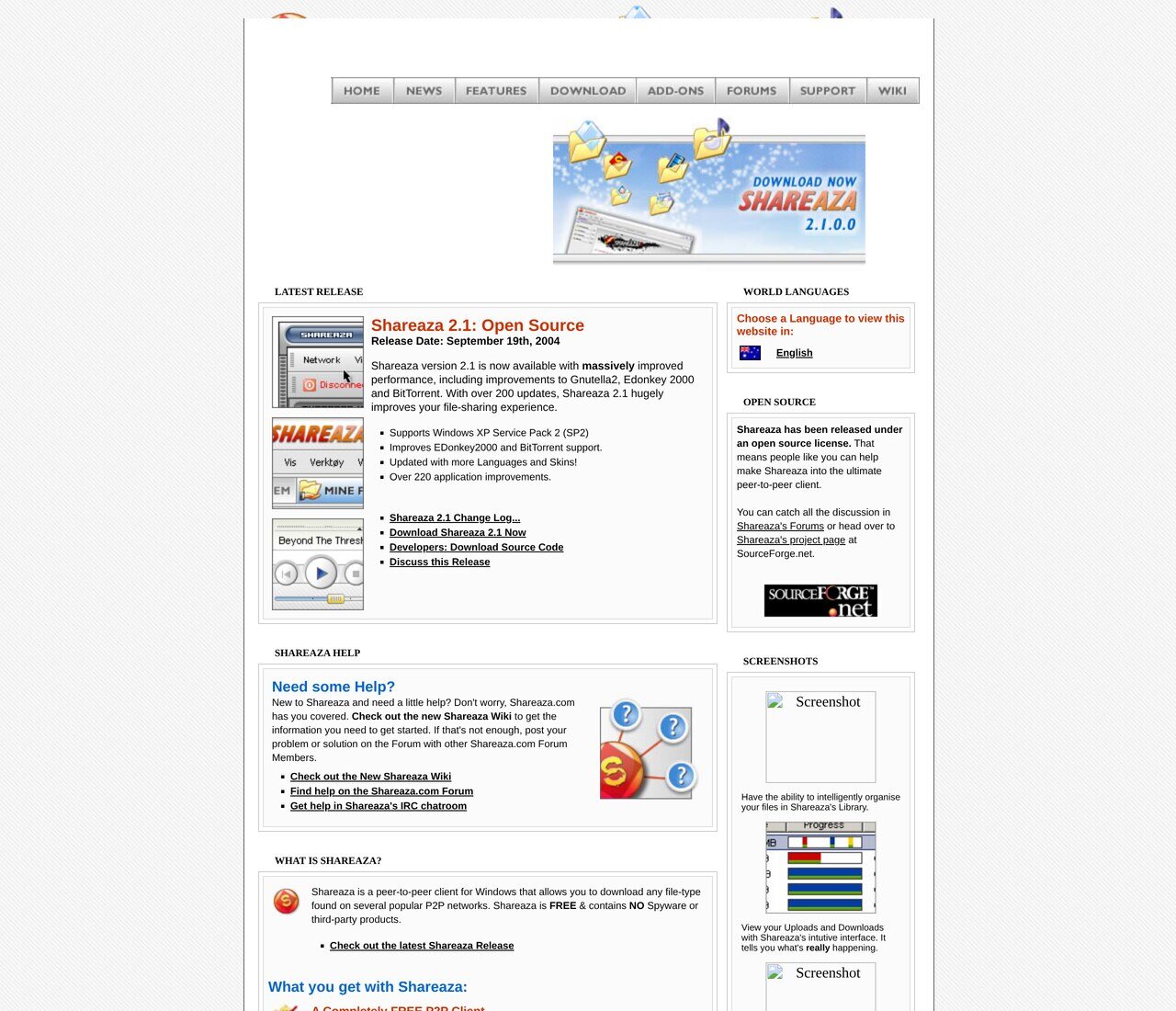shareaza.com in June 2005 announcing Shareaza 2.1: one client for Gnutella2, eDonkey2000 and BitTorrent, free, open source and, as the page insists in capitals, with no spyware.