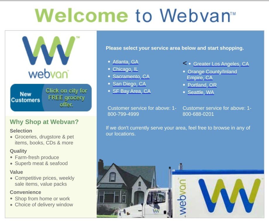 Webvan in April 2001, ten weeks before the end, still promising free groceries in nine metro areas