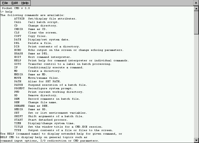 The command prompt on Windows CE 3.0, the 2000 release that sat under the first Pocket PCs, listing the small set of commands the system knew.
