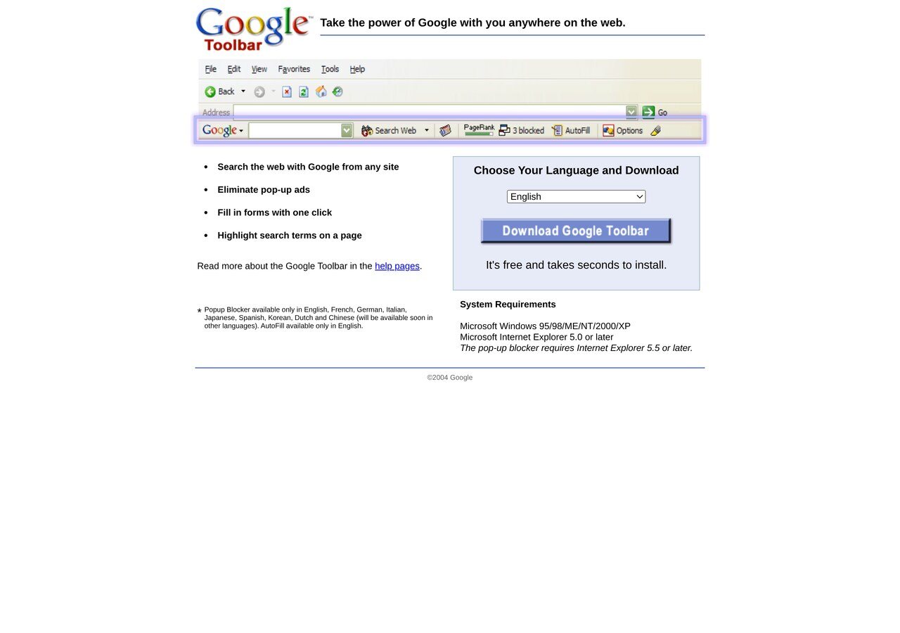 toolbar.google.com in April 2004: Google Toolbar 2.0 for Internet Explorer, "Eliminate pop-up ads", AutoFill, and the "Download Google Toolbar" button.