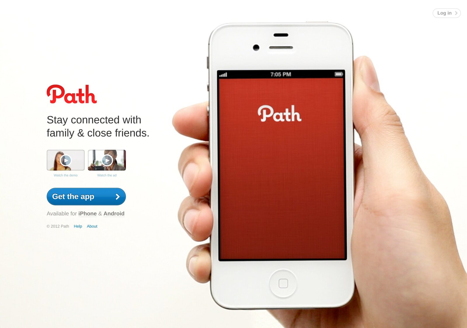 path.com in June 2012: "Stay connected with family & close friends", the Path 2 app on an iPhone 4S, three months after the address book scandal.