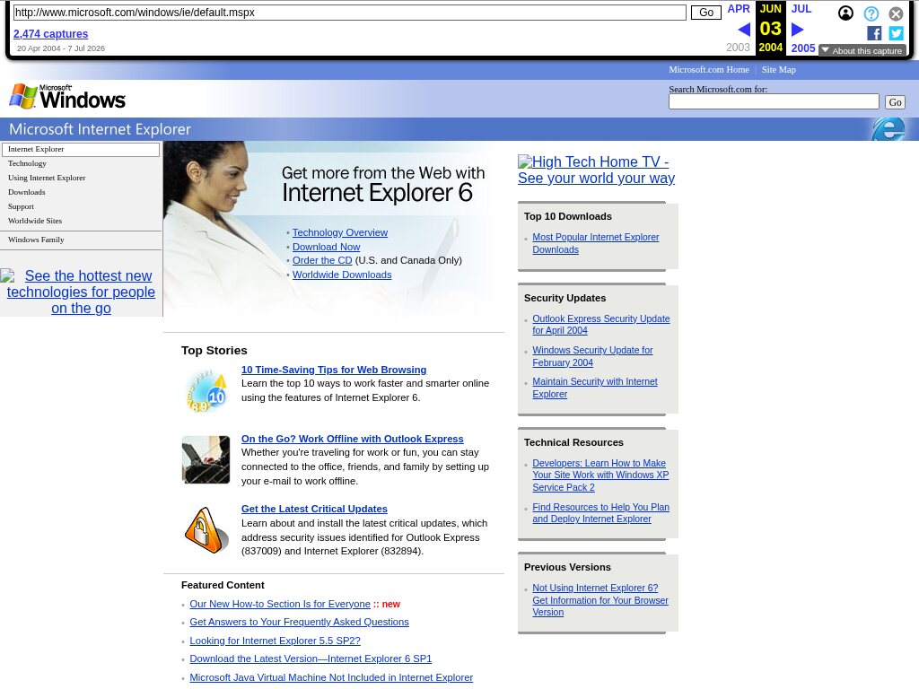 Internet Explorer page on microsoft.com in June 2004