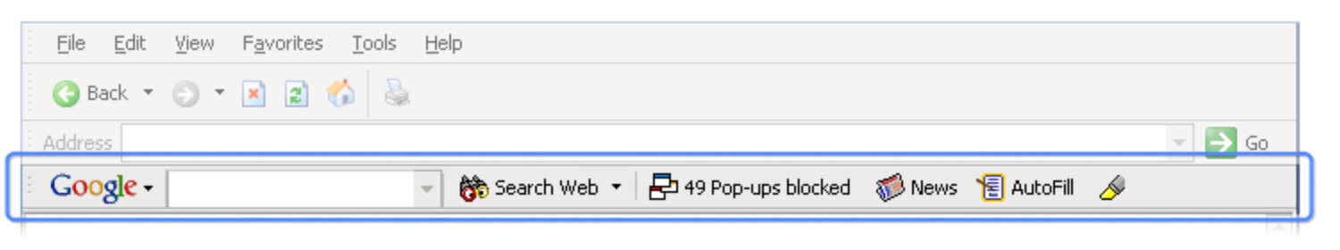 The Toolbar as it sat in Internet Explorer: the Google box, Search Web, the pop-up counter reading 49 blocked, News and AutoFill, all above the address bar.