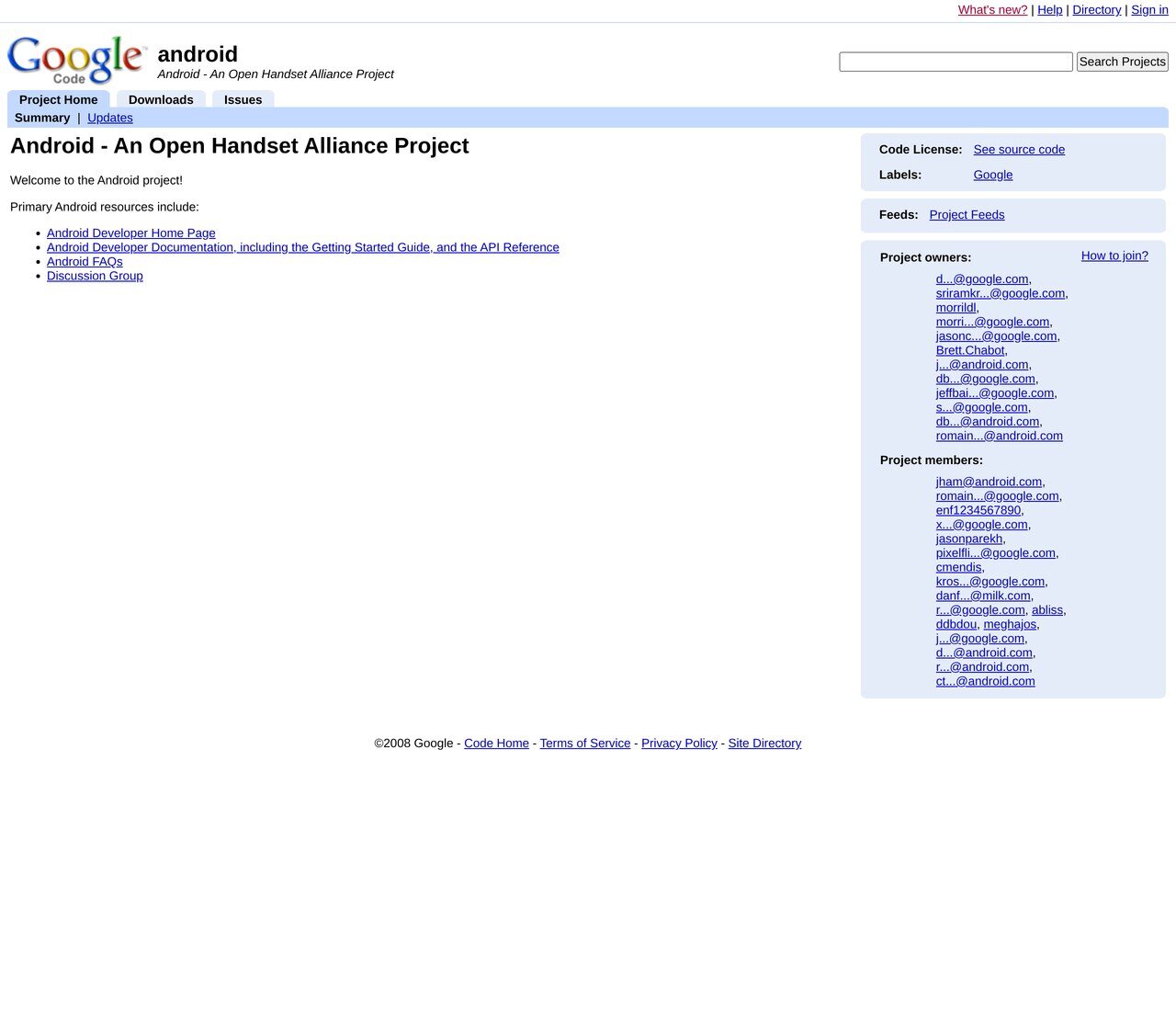Google Code Project Hosting in use: the Android project page in March 2009, with the Subversion checkout line, the issue tracker, the wiki and the licence sitting where GitHub would later put a readme.