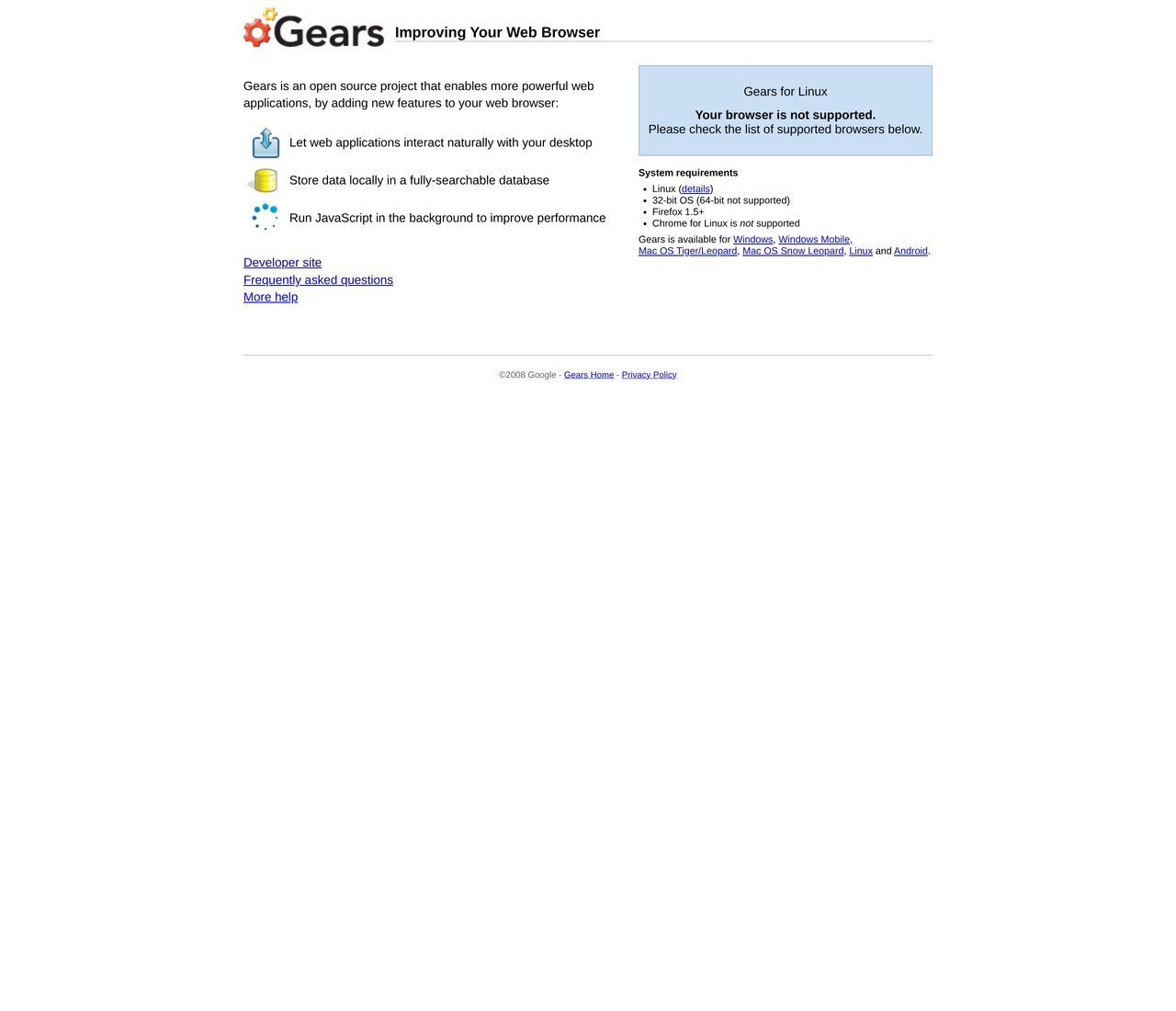 gears.google.com in May 2010: "Improving Your Web Browser", offline web applications and a local database, with the note that Gears was no longer supported.