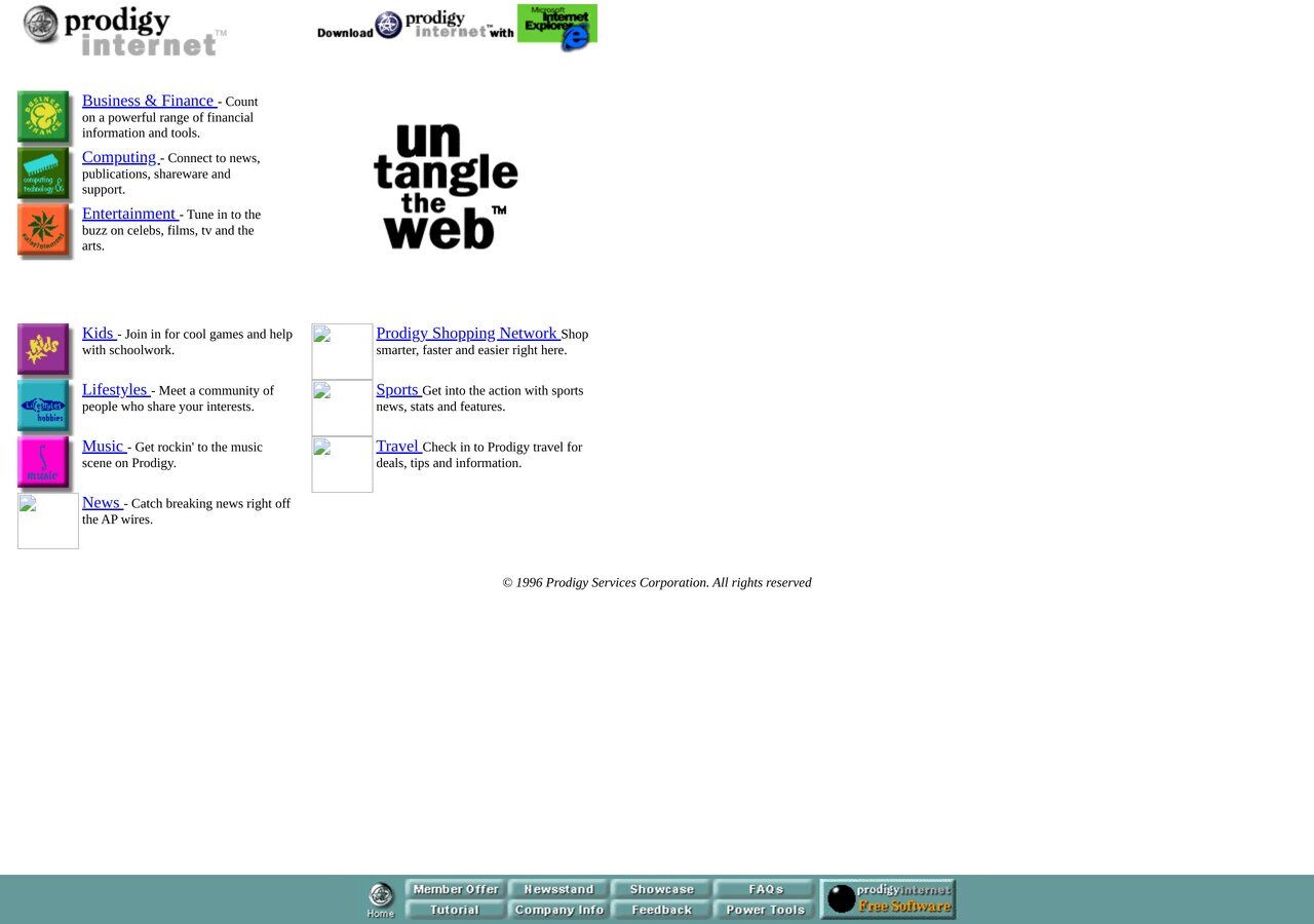 prodigy.com in February 1997, the "Prodigy Internet: untangle the web" era: channels for Business & Finance, Kids, Lifestyles, Music, Sports and Travel.