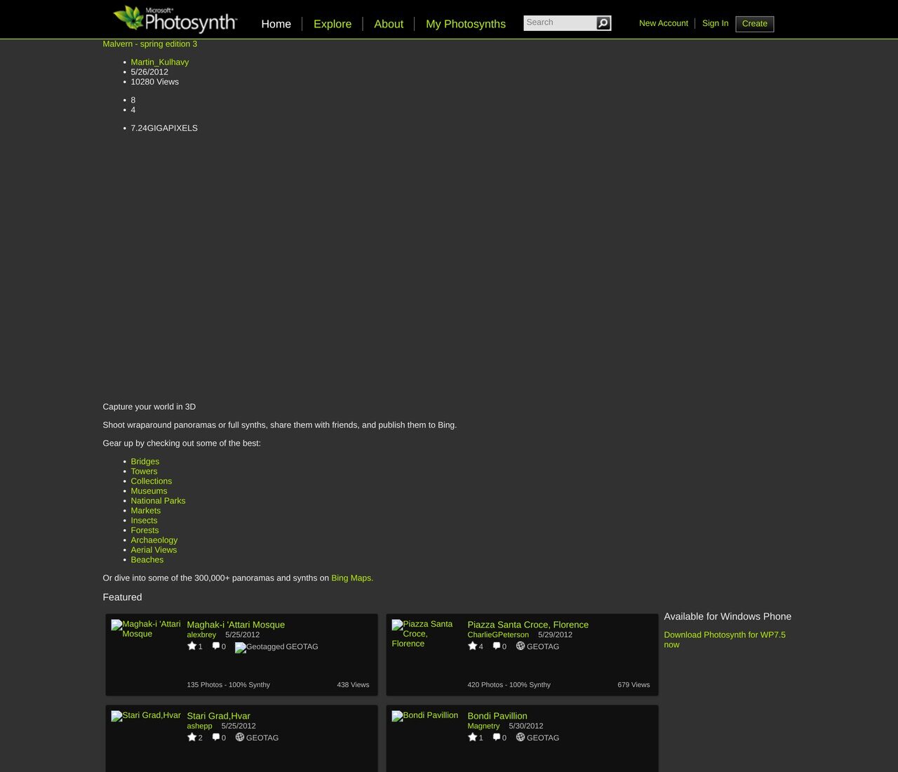 photosynth.net in May 2012: the synth gallery, the pitch to "explore your world in 3D", the featured panoramas and the note that a Windows Phone app was available.