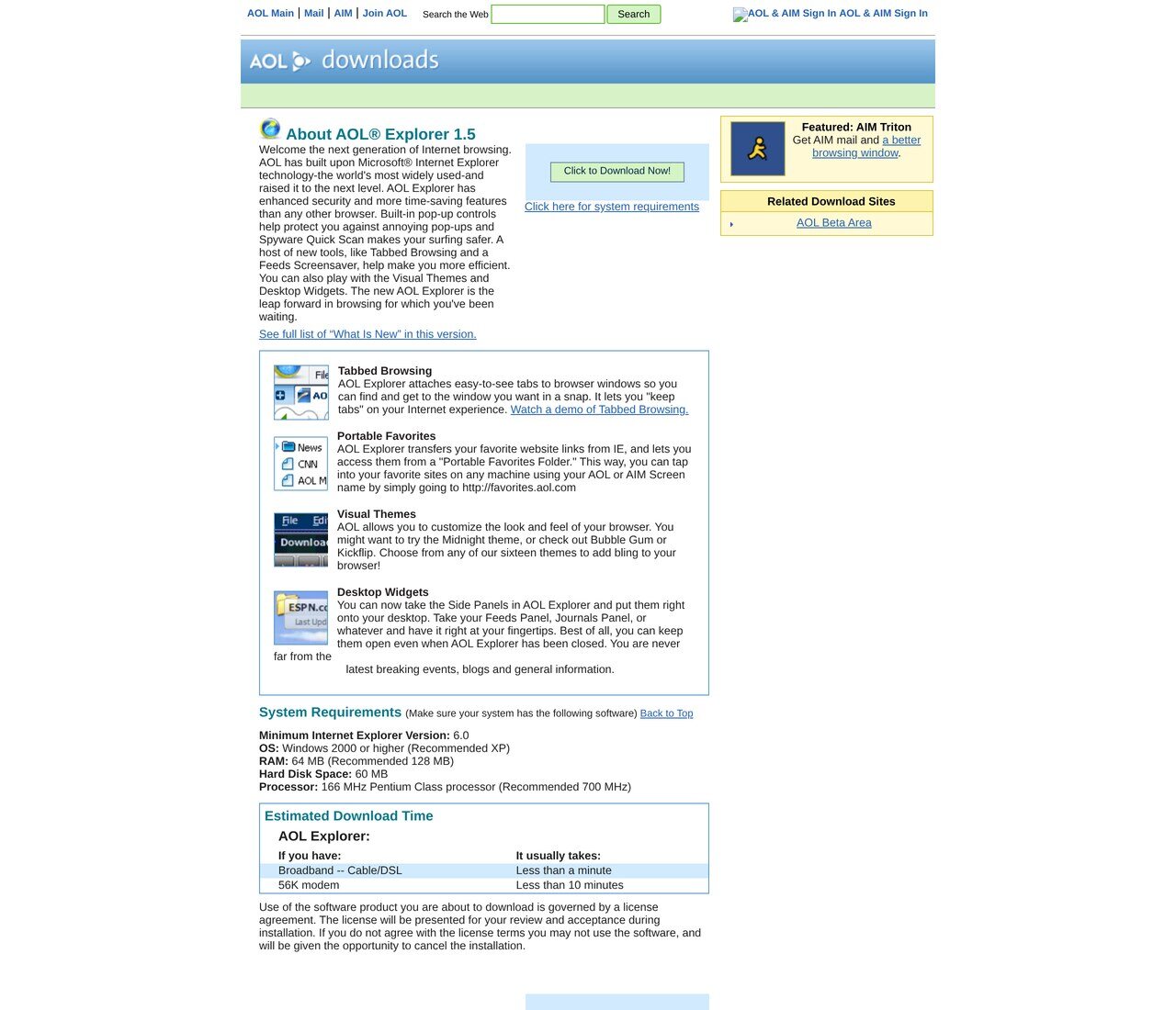 The AOL download page for AOL Explorer 1.5 in May 2006: tabbed browsing, portable favourites, desktop widgets and visual themes, all on top of the Internet Explorer engine, with an estimated download time of "less than a minute" on cable.