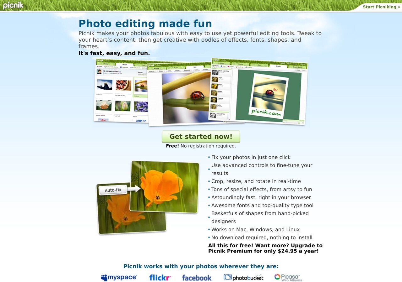 picnik.com in April 2008, two years before Google bought it: "Photo editing made fun", free with no registration, $24.95 a year for Premium, and the MySpace, Flickr, Facebook and Photobucket logos underneath.