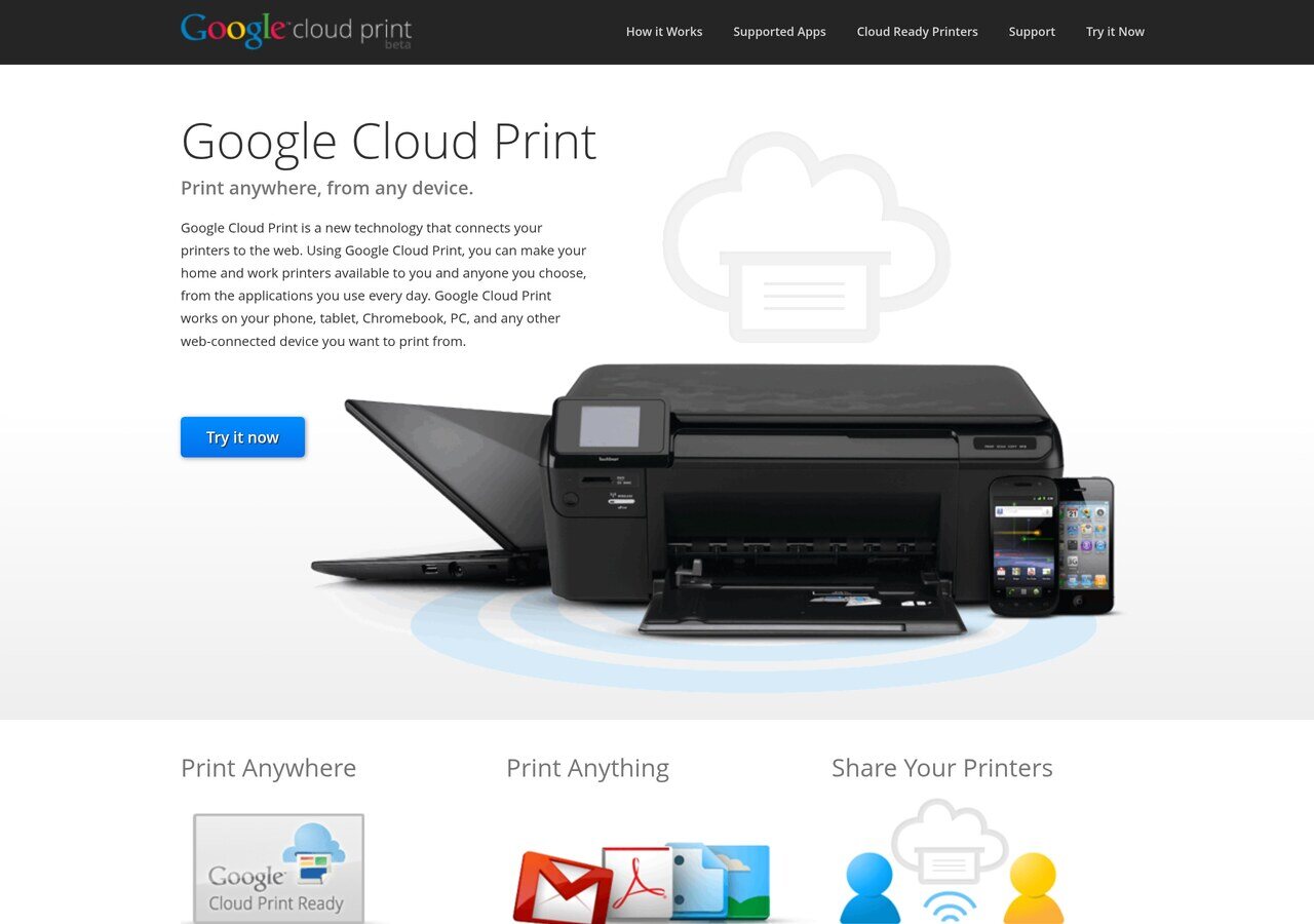 The Google Cloud Print landing page in March 2013: "Print anywhere, from any device", a printer wired to the cloud, Chromebook, phone and Gmail attachments.