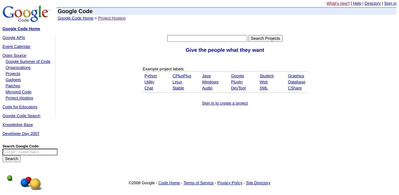 code.google.com/hosting in May 2008: "Give the people what they want", the project search box and the label cloud of Python, Java, Linux, Windows and the rest.