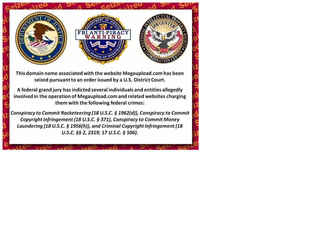 FBI seizure notice on megaupload.com, January 2012