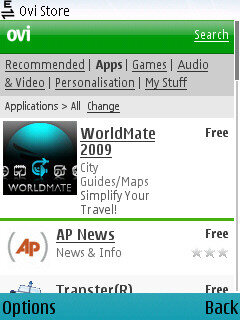 The Ovi Store on a Nokia phone in its launch week, May 2009: WorldMate, AP News and the Recommended, Apps, Games, Audio and Video tabs.