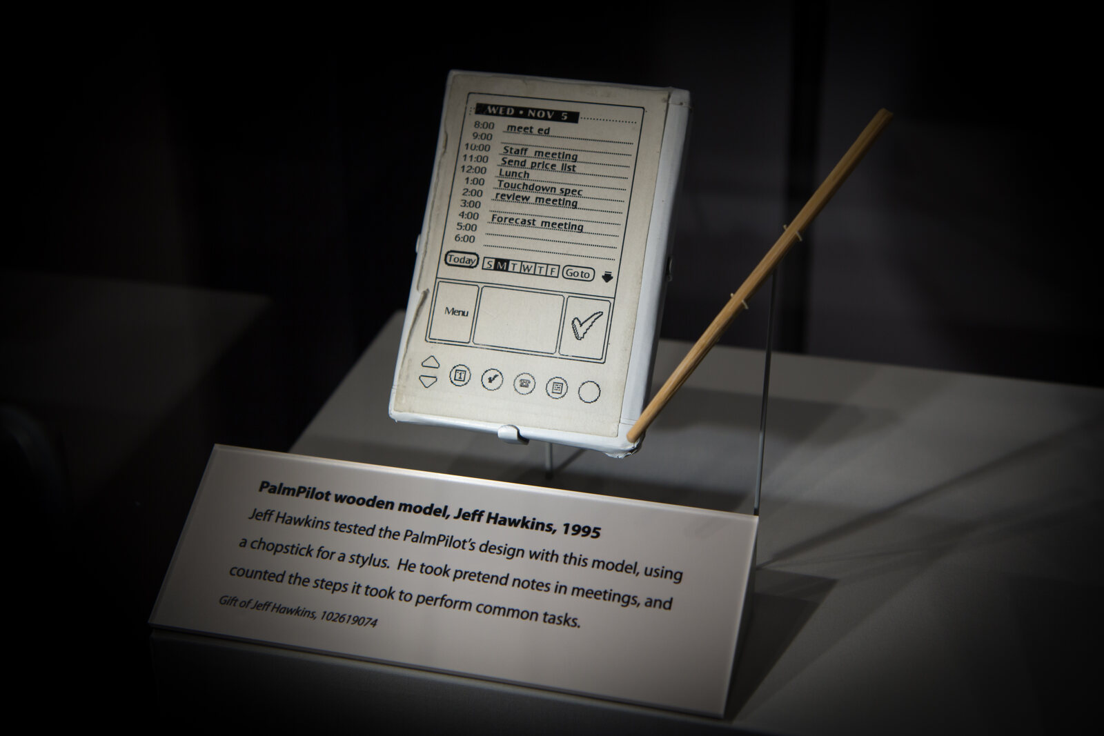 The wooden model Jeff Hawkins carried in his pocket in 1995 to test the size, at the Computer History Museum.