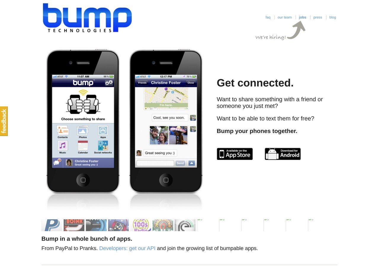 bu.mp in March 2011: two iPhones touching, "Get connected. Bump your phones together", with the App Store and Android badges and the list of apps that used the Bump API.