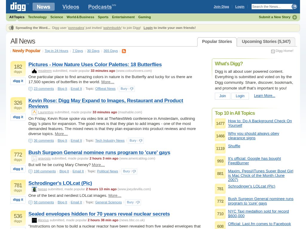 Digg homepage in June 2007