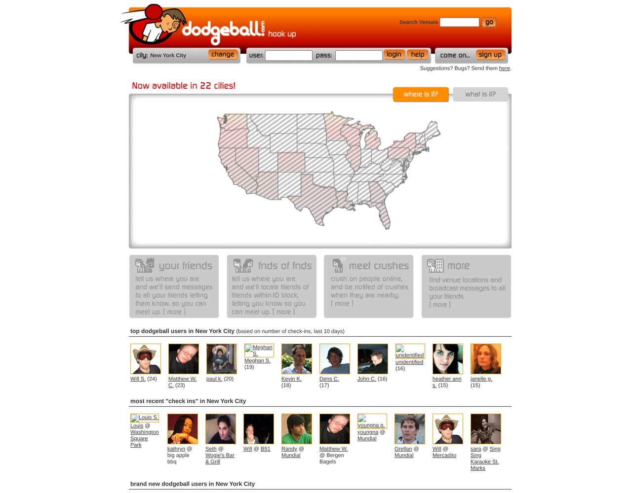 dodgeball.com in June 2006, a year after Google bought it: "now available in 22 cities", the map of the United States, and the leaderboards of top New York users and their check-ins by text message.
