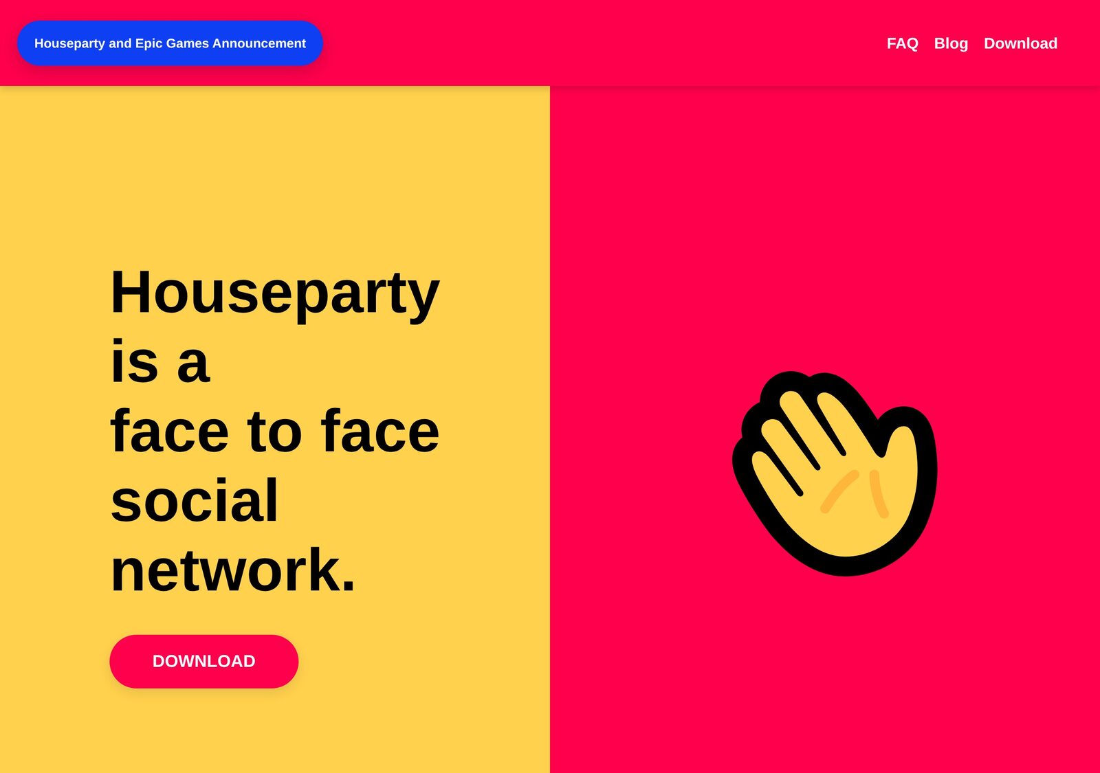 houseparty.com in April 2020, mid-lockdown boom: "a face to face social network", with the Epic Games banner up top.