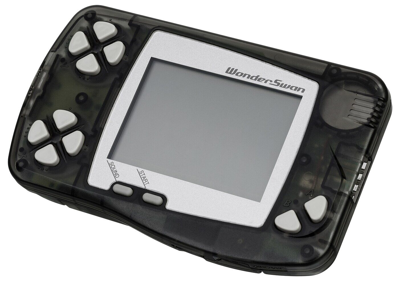 An original black WonderSwan from 1999: the monochrome screen, the two clusters of buttons that let games run upright or sideways, and the single AA battery behind it.