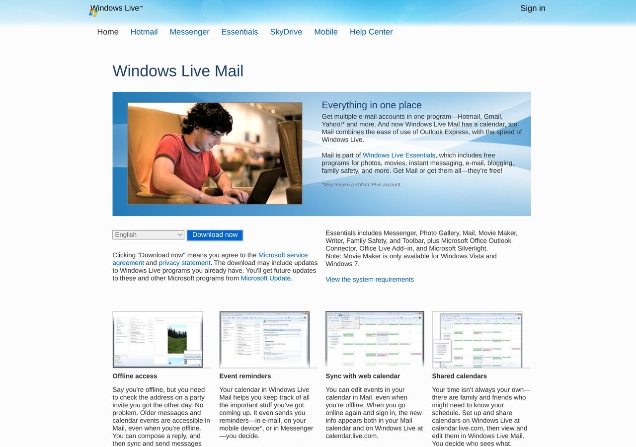 The Windows Live Mail page on explore.live.com in June 2010, in the Wave 3 era: "Everything in one place", Hotmail, Gmail and Yahoo in one program, with the calendar sync to calendar.live.com.