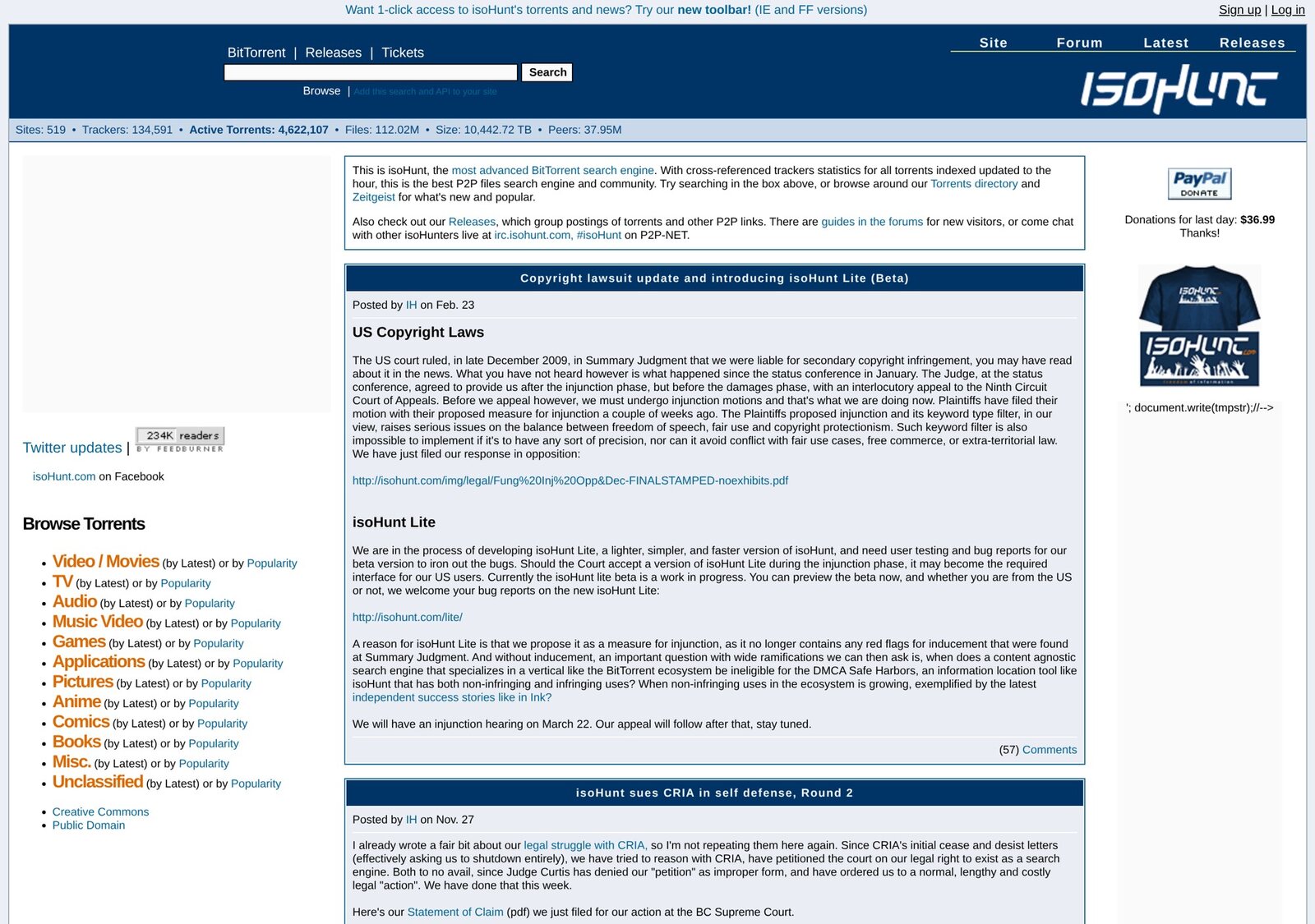 isoHunt in March 2010, indexing 4,622,107 active torrents. The top post is its own copyright appeal