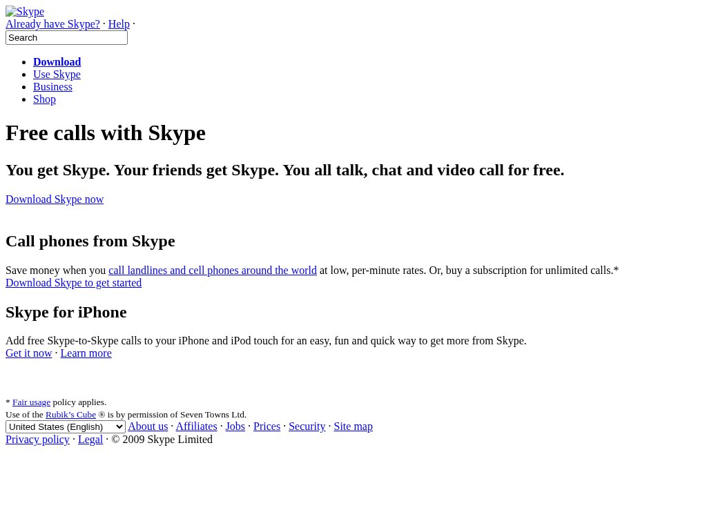 Skype homepage in June 2009