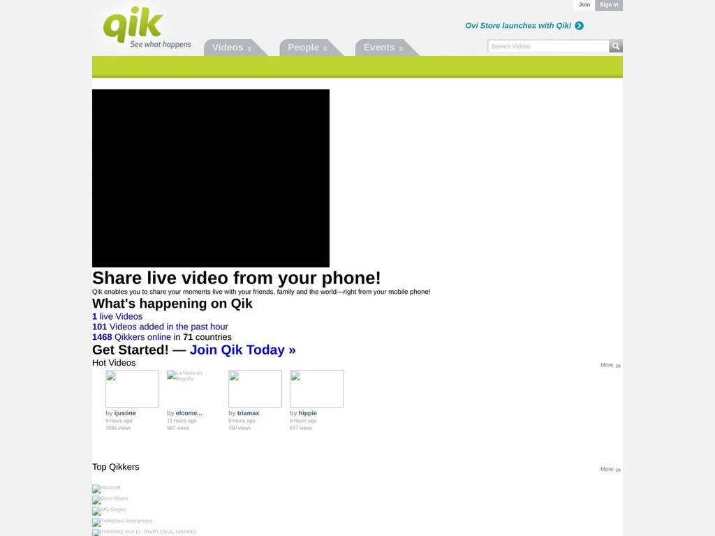 qik.com home page, June 2009, in the live streaming years