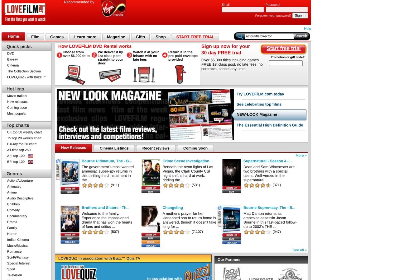 lovefilm.com in May 2009: 30-day free trial, quick picks, top charts and the "new look magazine", the DVD-by-post service two years before Amazon took it fully.