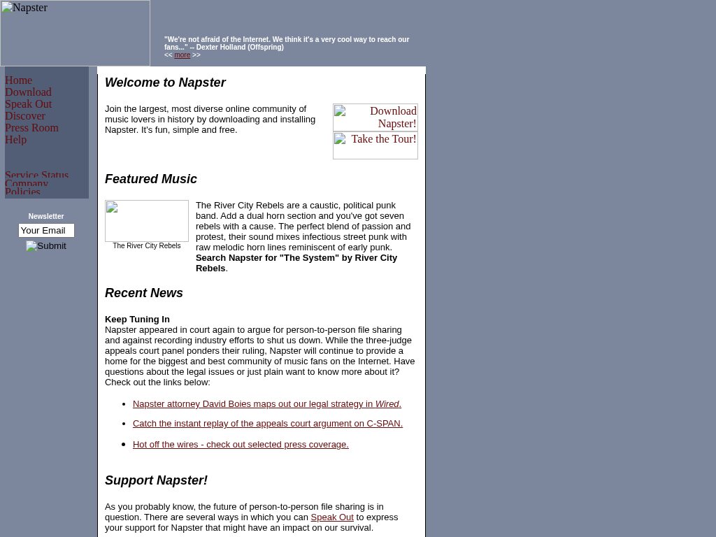 Napster homepage in October 2000