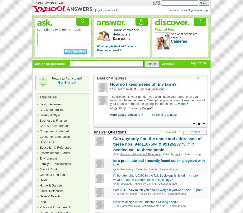 Yahoo Answers homepage in June 2008