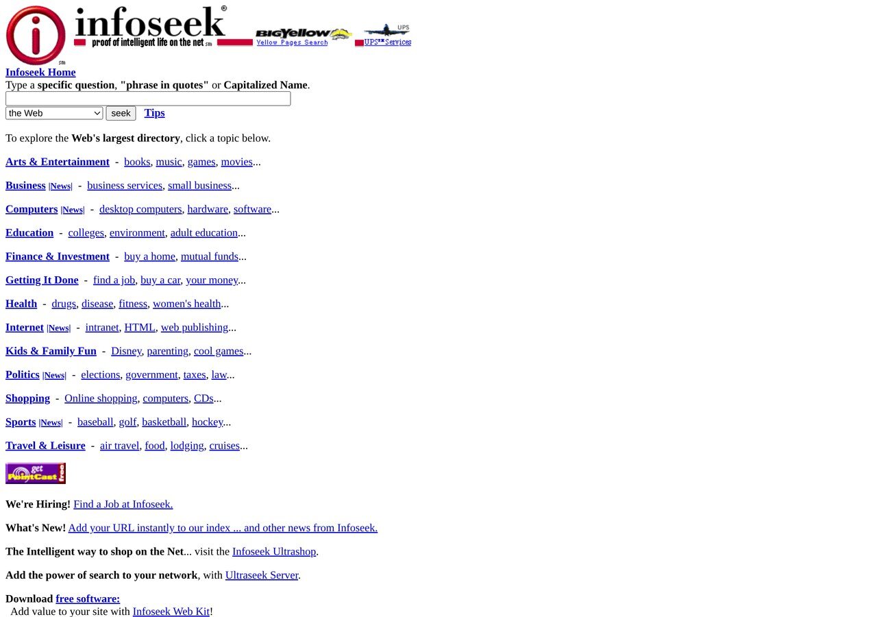 infoseek.com in June 1997: search box on top, "the Web's largest directory" below, and the "Ultrasmart" and "Ultraseek" links, a year before Disney bought in.