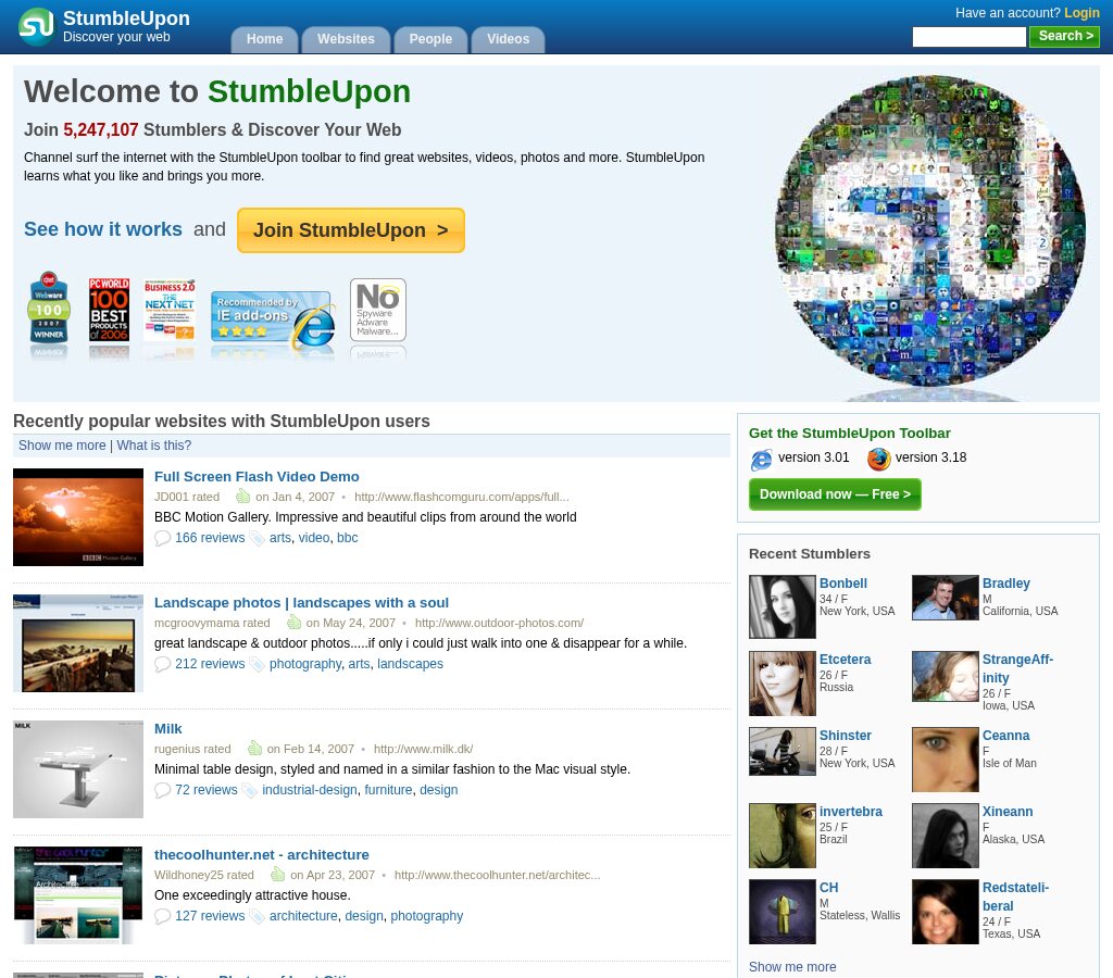 StumbleUpon homepage in June 2008